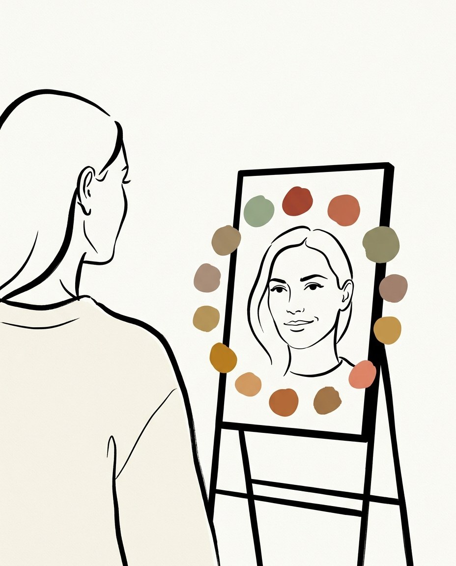 Editorial illustration: an Australian woman at a cheval mirror, her twelve-colour seasonal palette arrayed as a halo around her reflected face.